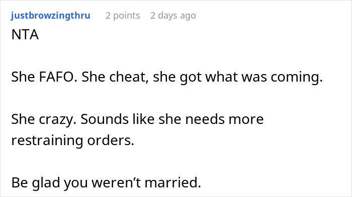 Screenshot of a forum comment discussing an unemployed woman cheating on her boyfriend with a jobless man.