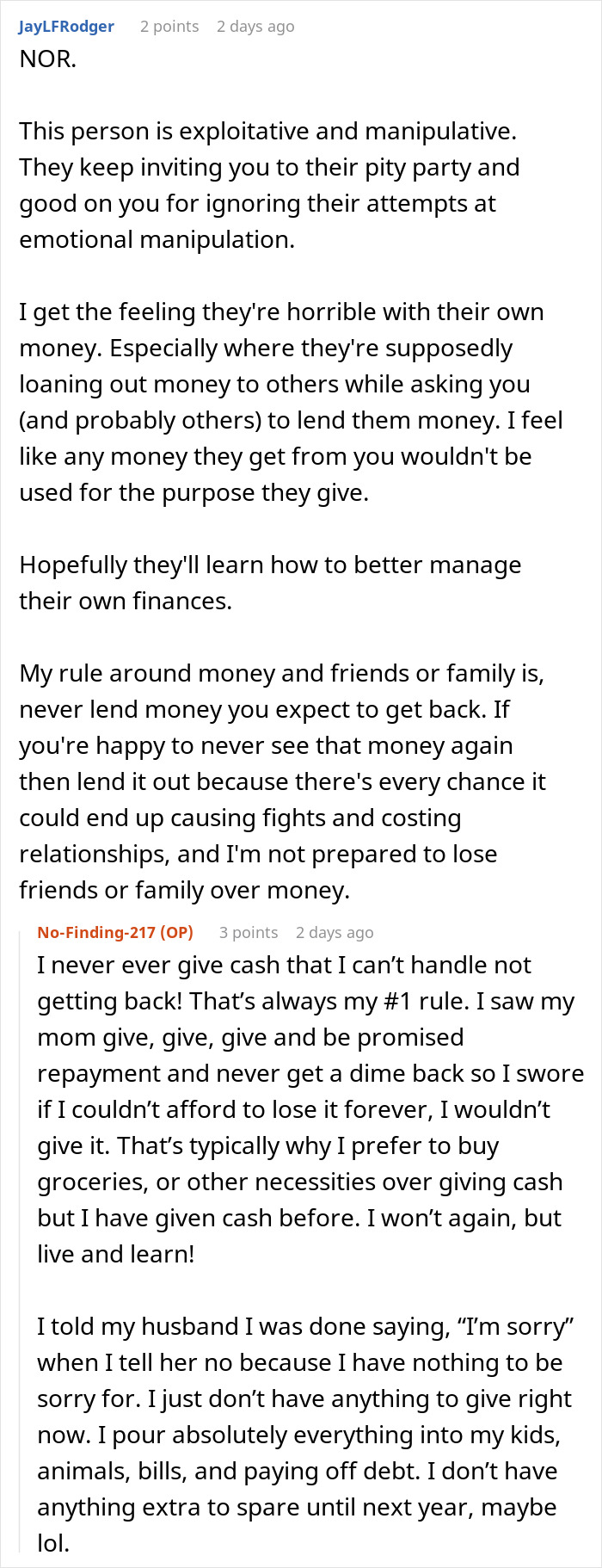 Alt text: Online discussion about a woman helping a new friend with kids and realizing she was being used.