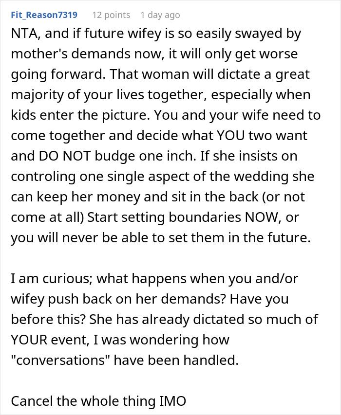 Comment discussing how a mother dictates wedding attire and the groom refuses to accept control over the marriage plans.
