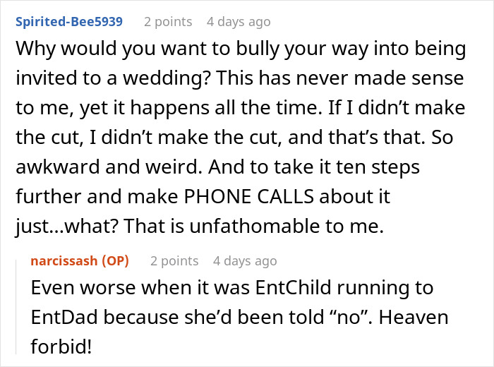 Reddit comments discussing estranged relatives demanding access to a wedding they were never invited to.