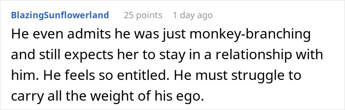 Screenshot of a social media comment about a man&rsquo;s plan to open relationship to date younger coworker backfiring.