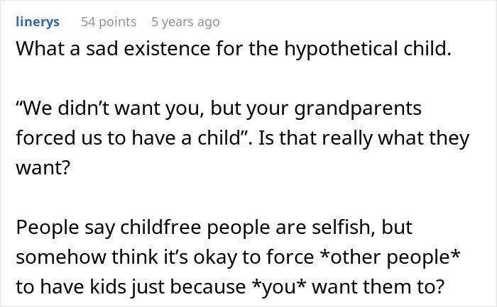 Comment discussing guilt-tripping by man&rsquo;s parents to have kids and threatening disinheritance of the couple.