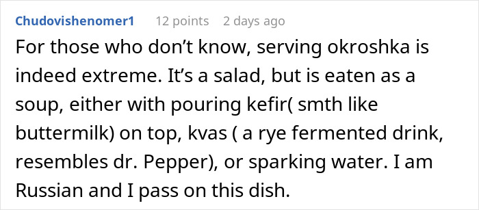Comment explaining traditional gross food okroshka as extreme salad soup with kefir or kvas, highlighting cultural food reaction. Comment explaining traditional gross food okroshka as extreme salad soup with kefir or kvas, highlighting cultural food reaction.