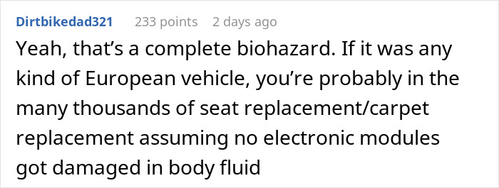 Comment discussing biohazard concerns and seat replacement costs due to body fluid damage in a vehicle after birth in a friend's car.