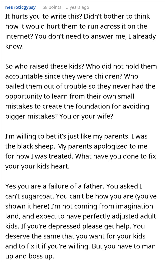 Comment discussing accountability and failure in parenting, addressing a father's role in children’s outcomes. Comment discussing accountability and failure in parenting, addressing a father's role in children’s outcomes.