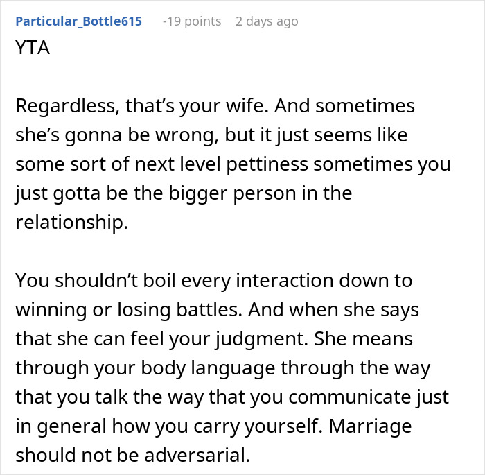 Reddit comment discussing husband telling wife not to use dangerous gift from her mom, highlighting relationship challenges.