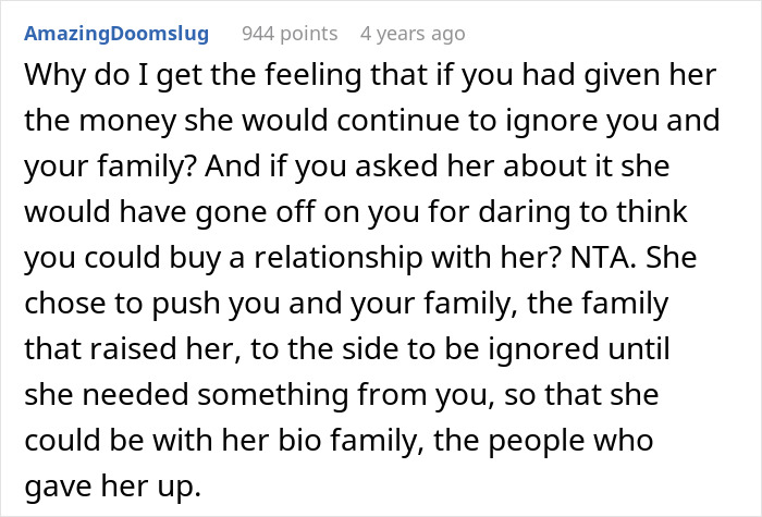 Reddit comment criticizing a selfish lady ignoring her adopted family while seeking bio family and money