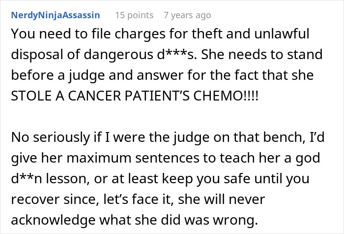 Comment discussing theft of chemotherapy treatment impacting man suffering from cancer and his difficult situation with MIL.