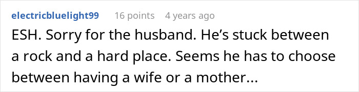 Comment on family conflict, describing a husband stuck between choosing a wife or mother, highlighting lying MIL impact.