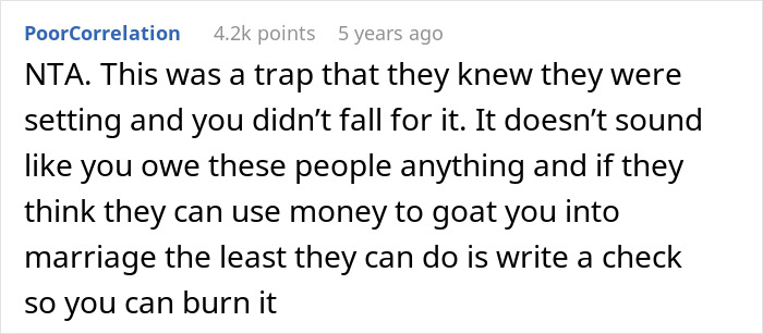 Comment on Reddit discussing a woman shocked by her own proposal and arranged marriage in India.