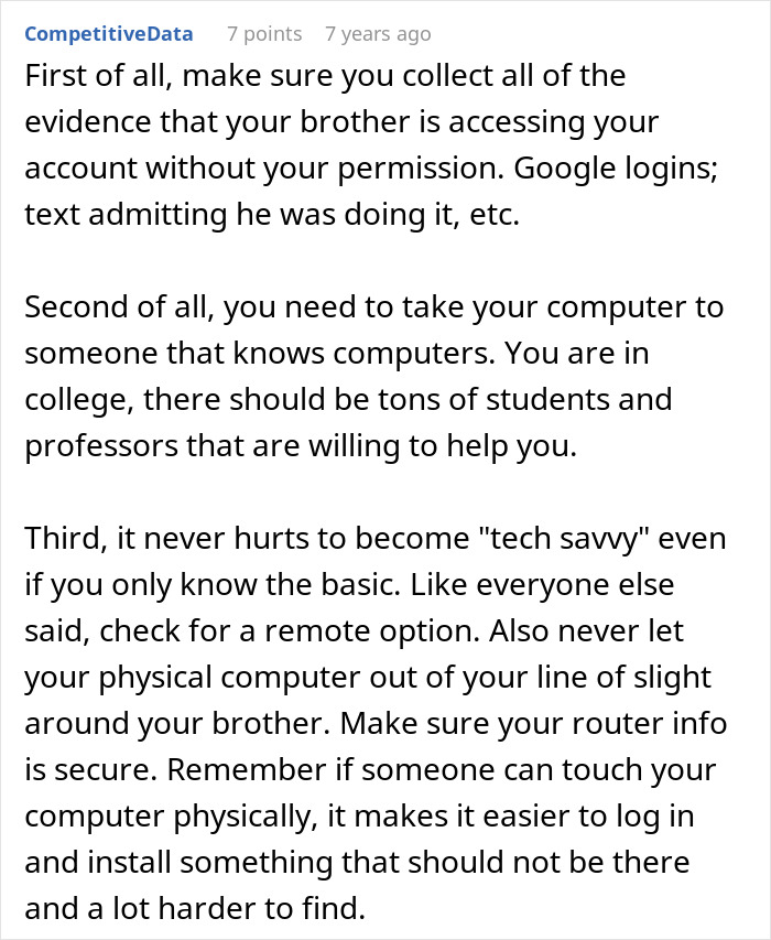 Screenshot of advice on handling brother's stalker tendencies affecting college and job, emphasizing evidence collection and computer security.