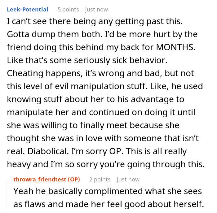 Screenshot of an online discussion about a friend who catfished a married woman, highlighting cheating and manipulation.