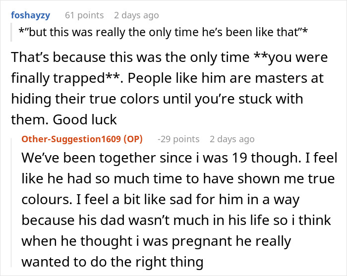 Online discussion revealing a man showing his true colors after assuming fianc&eacute;e is pregnant, causing shock and humiliation.