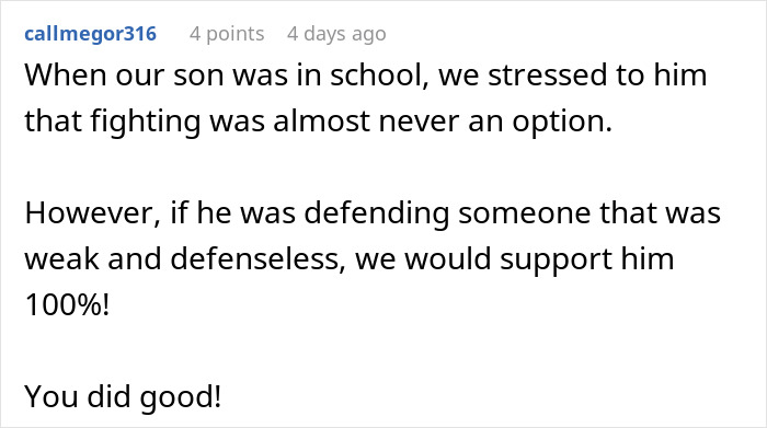 Comment supporting a dad taking son out to celebrate after he defends against a bully with a punch.