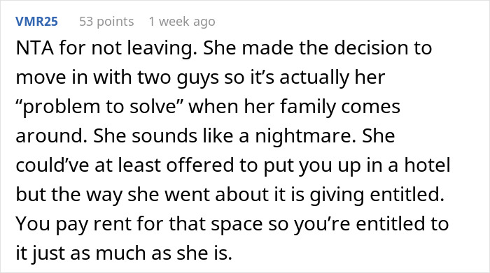 Comment discussing a guy refusing to pay for a hotel to help his roommate lie to her conservative family.