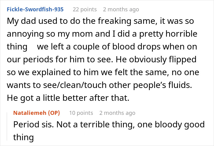Screenshot of a Reddit conversation about sisters shaming brothers for leaving stains on the toilet seat to stop it. Screenshot of a Reddit conversation about sisters shaming brothers for leaving stains on the toilet seat to stop it.