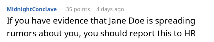 Screenshot of an online comment advising to report rumors spreading at work to HR, related to workplace conflict.