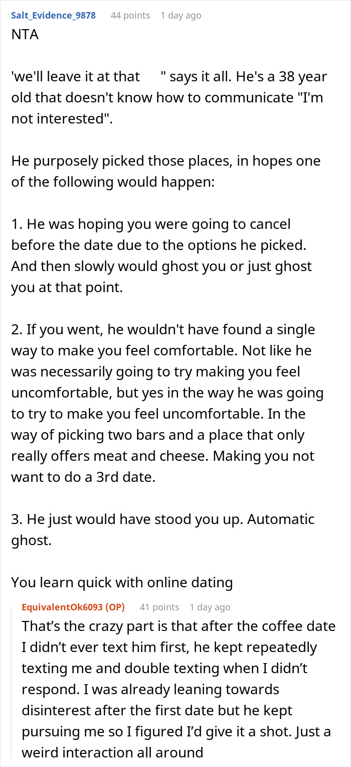 Screenshot of an online discussion about a recovering alcoholic avoiding a second date planned around bars.