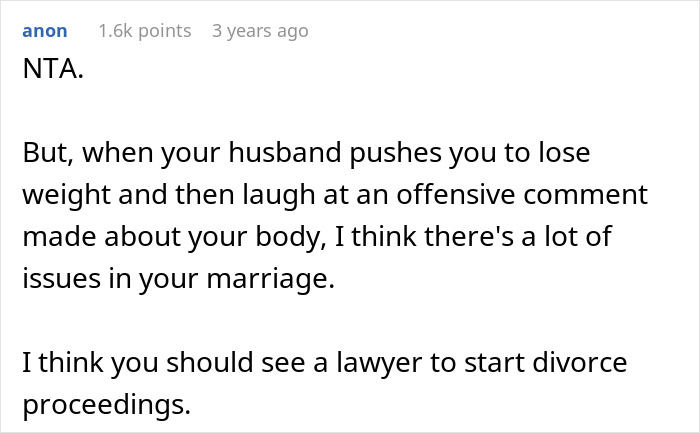 Comment discussing a man calling his daughter-in-law fat while her husband laughs and defends his father.