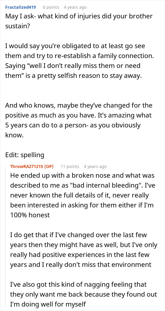 Discussion about family deciding to forgive a man for beating his brother five years ago and his reaction to their tone.