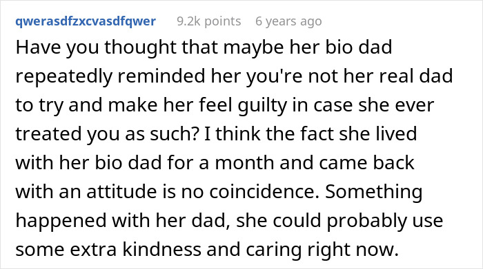 Comment discussing a teen telling a guy he's not her dad and his refusal to give her money, expressing concern. Comment discussing a teen telling a guy he's not her dad and his refusal to give her money, expressing concern.