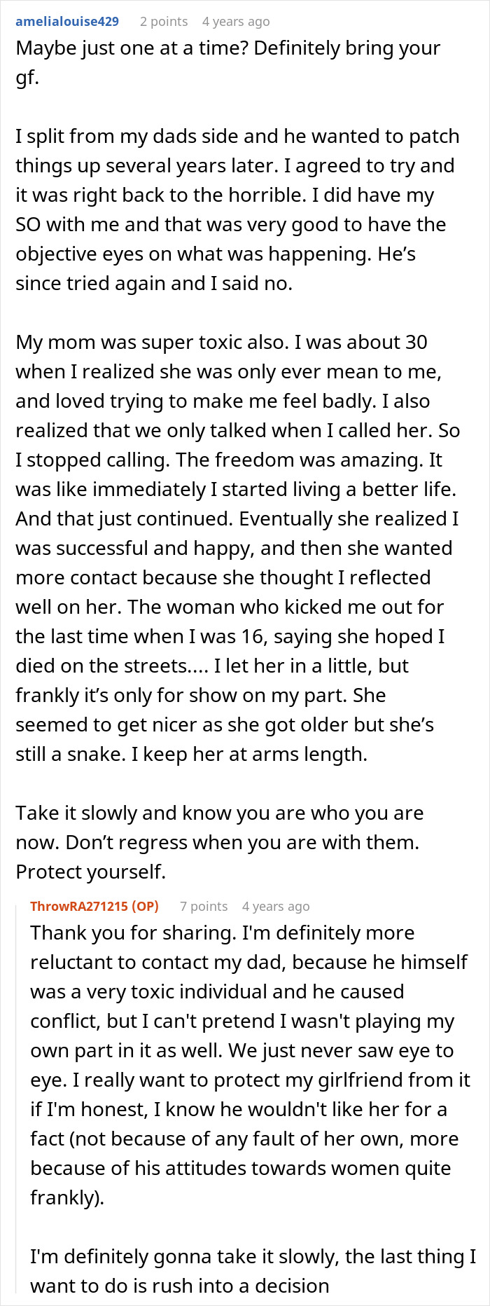 Reddit comments discussing family forgiveness and conflicted feelings about past violence and toxic relationships.