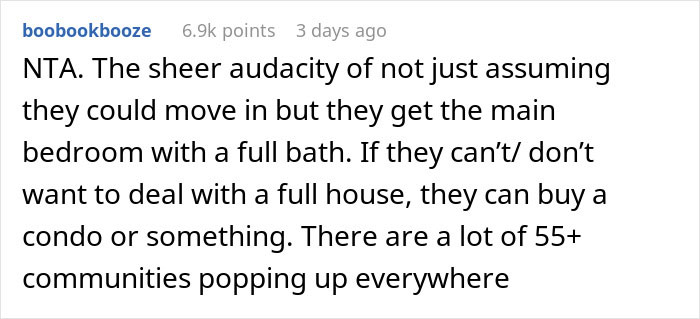 Screenshot of a Reddit comment criticizing in-laws refusing childcare help but expecting to move in and take the main bedroom.