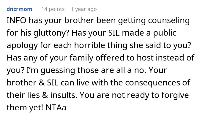 Screenshot of a Reddit comment discussing family conflict involving a guy eating leftovers and SIL insulting her weight and job.