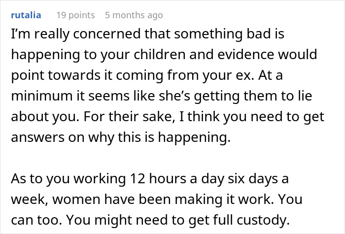 Screenshot of an online comment expressing concern about dad accused by his kids and suggesting he seek answers and full custody.