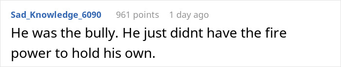 Comment text on a white background about a bully lacking fire power to hold his own, referencing loud teen and fed-up rider on crowded metro.