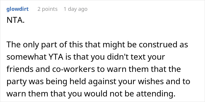 Alt text: Comment discussing woman blasted for skipping birthday party her sister organized due to ex being invited