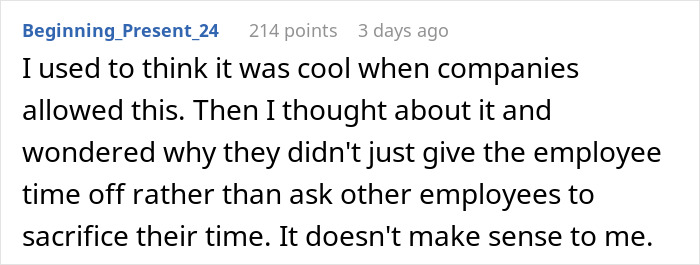 Commenter reflecting on companies asking coworkers to donate PTO, questioning the fairness of sacrificing employee time.