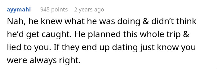 Screenshot of a forum comment discussing a lying boyfriend who went on a trip with a female friend, exposing dishonesty.