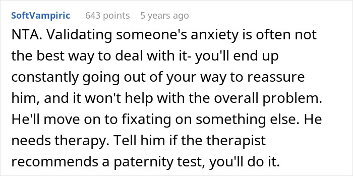 Comment discussing a guy demanding a paternity test for his 3-year-old son and being advised therapy instead.