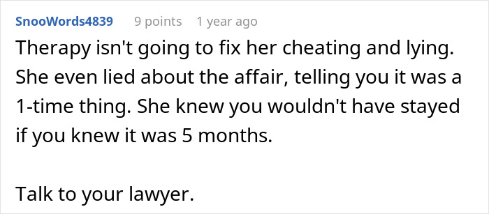 Comment advising a man to talk to his lawyer after discovering his wife&rsquo;s cheating involved multiple months, not one night.