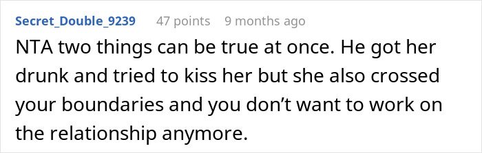 Screenshot of Reddit comment discussing boundaries and relationship issues after male bestie tries to make a move and girlfriend calls boyfriend.