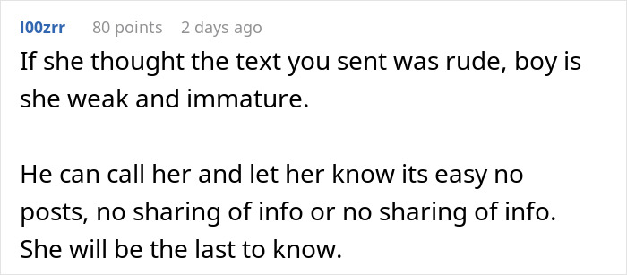 Comment discussing a person seen as weak and immature after a rude text, mentioning no sharing of info or posts.