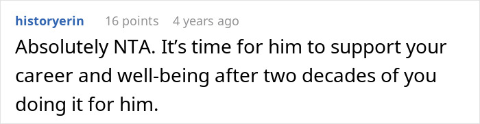 Screenshot of online comment stating a woman refuses to move again after decades relocating for husband&rsquo;s career.