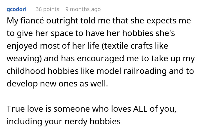 Comment about a man secretly playing video games and buying Star Wars figures after wife bans his hobbies.