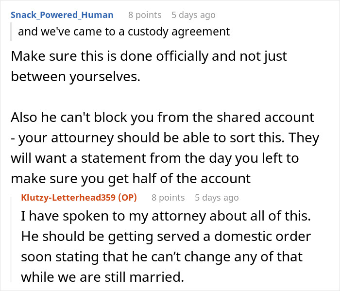 Online discussion about a husband blaming SAHM wife for financial problems, custody agreement, and divorce legal steps.