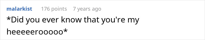 Text post with black text on a white background, joking about a person being someone's hero, related to MIL and DIL long game furniture rearrangement story.