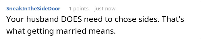 Text post with a quote about a husband needing to choose sides, illustrating manipulative MIL&rsquo;s fake kindness overruling DIL&rsquo;s holiday traditions.