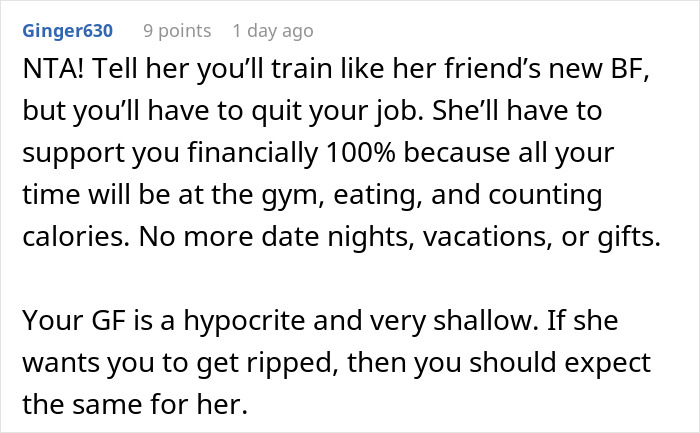 Comment highlighting a woman demanding her swimmer boyfriend resemble her friend&rsquo;s partner with a critical response to her shallow request.