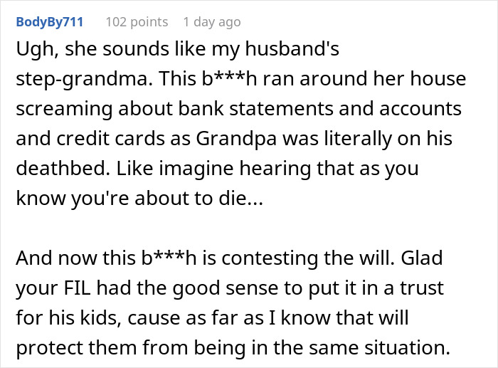 Reddit comment screenshot about a greedy mom freaking out over inheritance plans and contesting the will