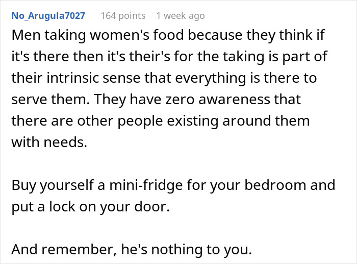 Comment about mom boyfriend food drama highlighting men taking women's food without awareness of others' needs.