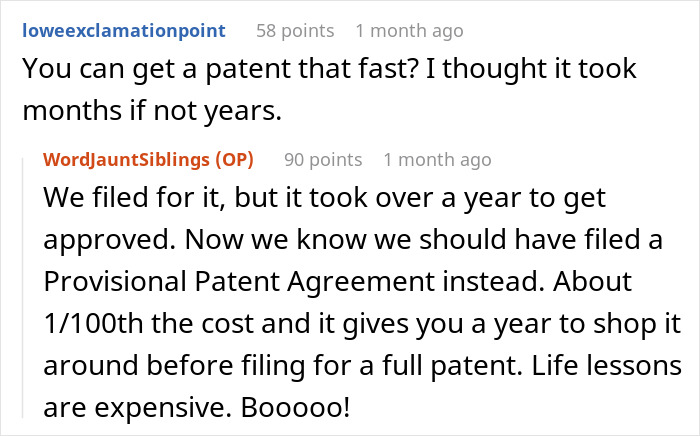 Comments discussing the timeline and cost of obtaining a patent after a restaurant's bigwig responds to a snarky letter.