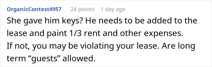 Text comment about lease and rent concerns in a roommate boyfriend vacation drama shared on a social platform.