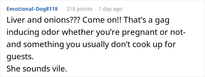 Screenshot of an online comment criticizing expired food in her pantry from 1999 and a pregnant woman declining meals.