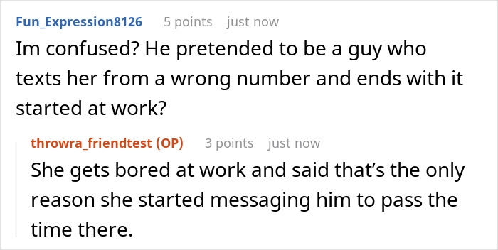 Screenshot of a Reddit conversation discussing a friend catfishing a married woman to prove all women cheat.