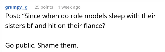 Screenshot of a Reddit comment discussing a golden child telling sister&rsquo;s fiance he could do better while parents watch silently.